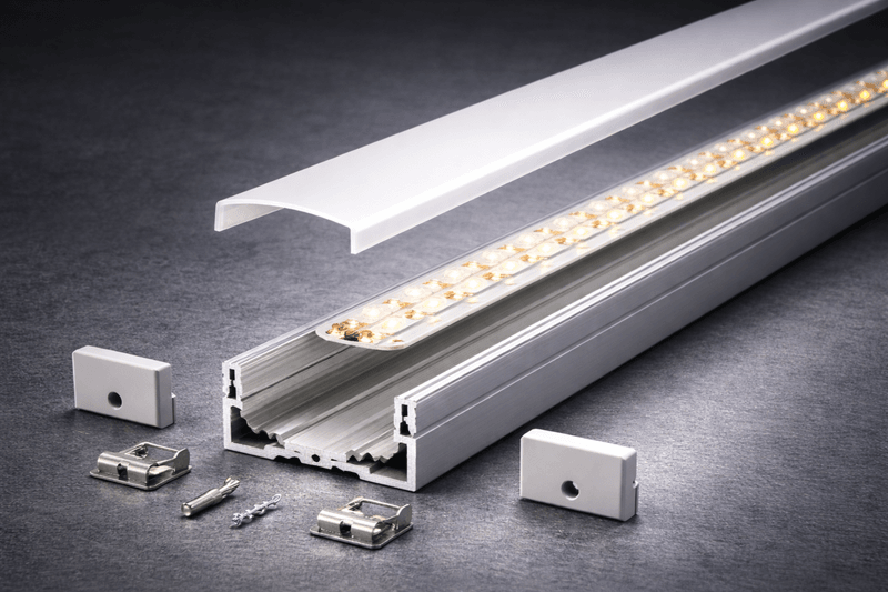 LED Lichtleiste mit Aluminiumprofil, Abdeckung und Zubehör im Detail
